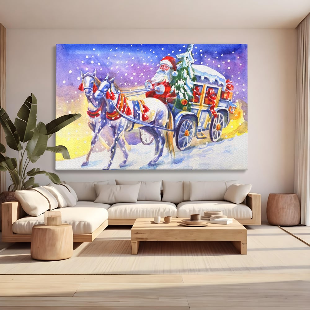 Tablou canvas cu pictura cu mos craciun in trasura, fara rama, pe sasiu de lemn, pe perete intr-un living
